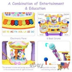 3-in-1 Kid Piano Keyboard Drum Set with Carousel Music Box