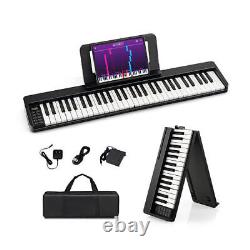61-Key Folding Piano Keyboard with Full Size Keys and Music Stand-Black Color