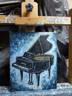 Petit piano à queue pour bébé, clavier neuf, nouvelle peinture originale sur toile de 8x10 pouces signée Crowell.