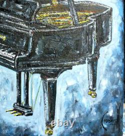 Petit piano à queue pour bébé, clavier neuf, nouvelle peinture originale sur toile de 8x10 pouces signée Crowell.